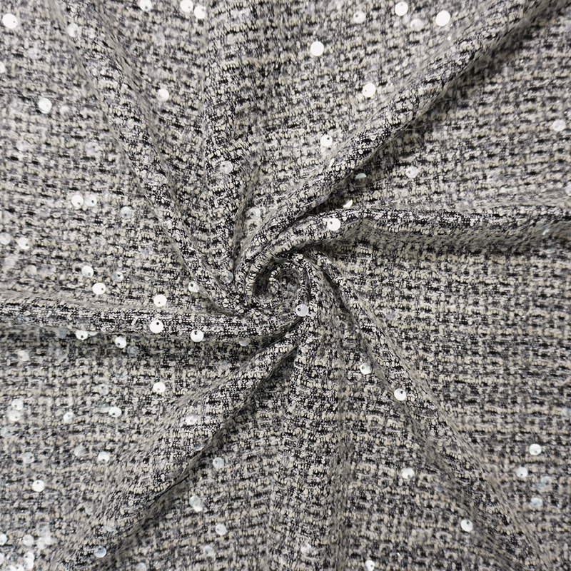 White-Black-Multi Poly Check Boucle Sequin Knit Fabric