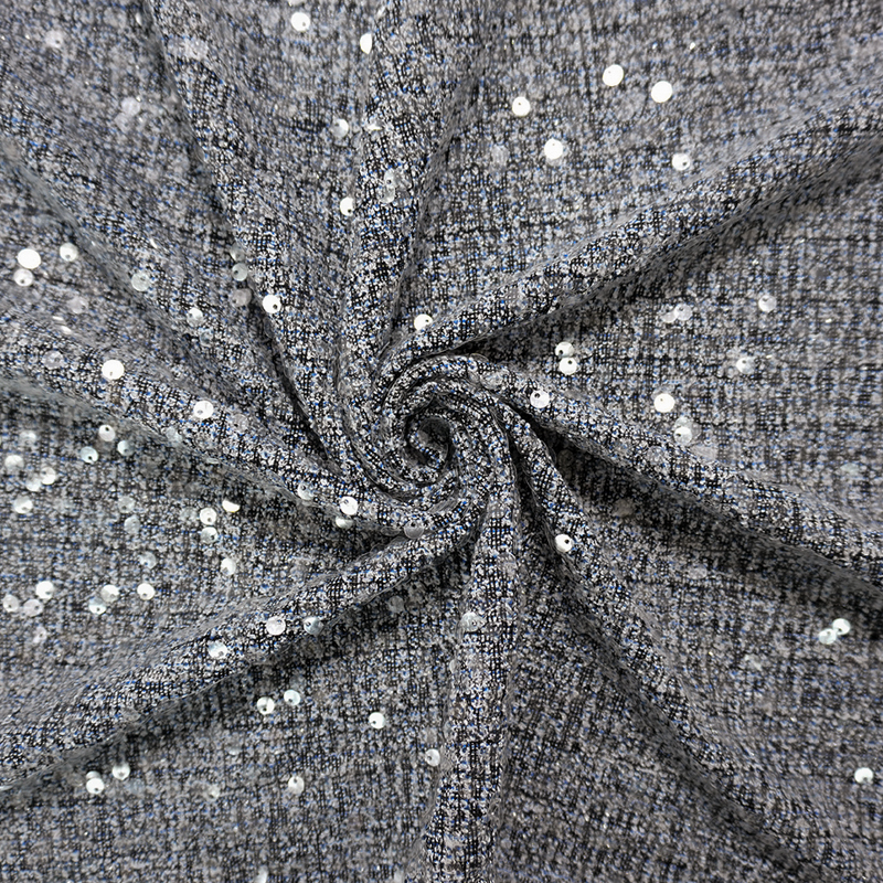 Blue-Black-Sparkle Poly Texture Boucle Sequin Knit Fabric