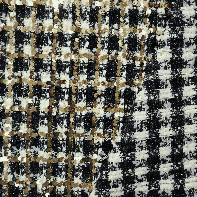 Black-Gold-Multi Poly Check Plaid Boucle Sequin Knit Fabric