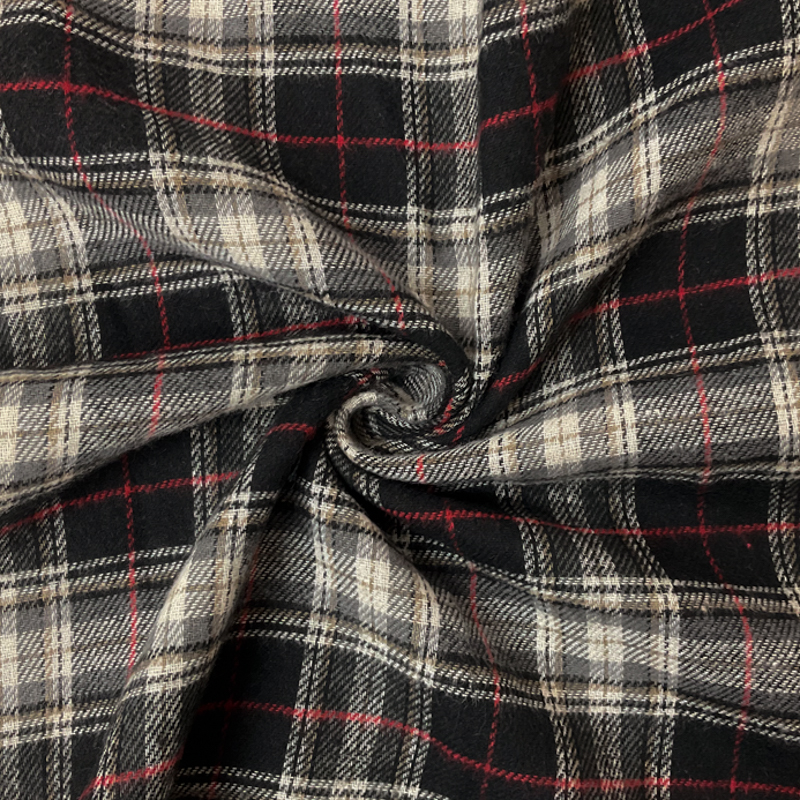 Black-White-Red Poly Cotton Plaid Flannel Twill Woven Fabric