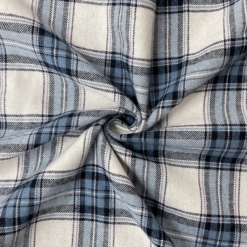 Blue-Pink-White Cotton Plaid Flannel Twill Woven Fabric