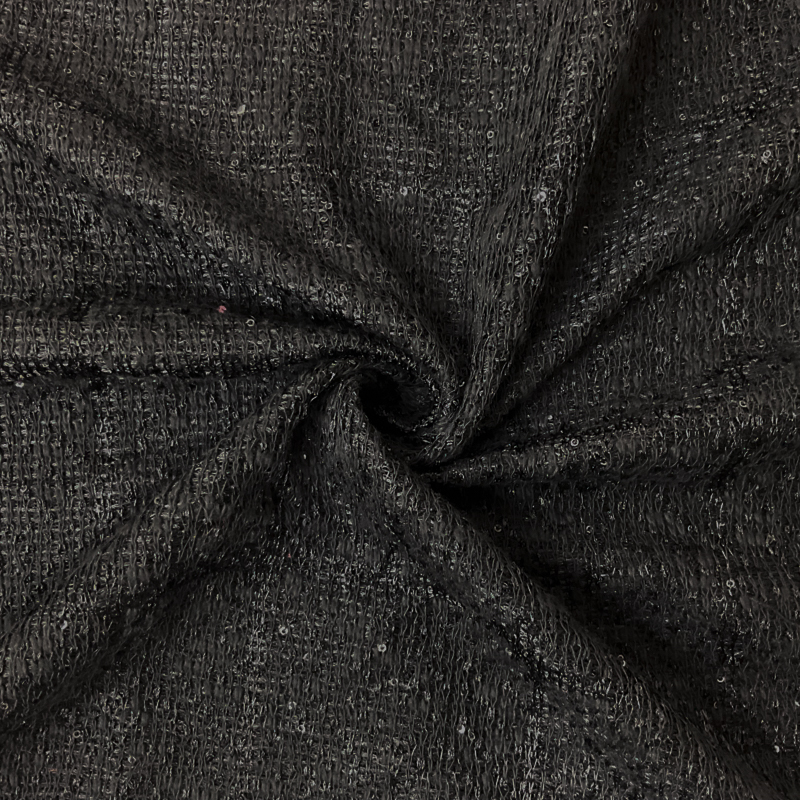 Black Poly Cotton Texture Sequin Boucle Novelty Knit Fabric